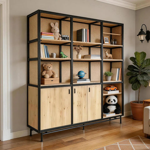 Wooden shelf unit with toys, books, and decorative items on light wood flooring in a cozy living room setting.