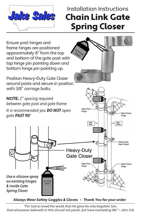 Installation guide showing Chain Link Gate Closer For Gate Frames One And Three Eighths Inches And Two And Three Eighths Inches Posts