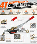 Heavy Duty 4 Ton Come Along Winch With 13 Ft Galvanized Steel Cable Dual Ratchet Pulley Double Lock Claw And 2 Safety Hooks, shown with red handle