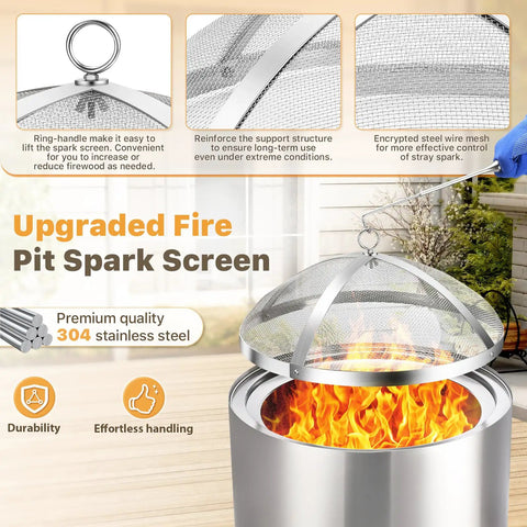 Fire Pit Spark Screen For 19.5 Inch Bonfire, showing stainless steel mesh lid with handle over a lit fire in a backyard setting.