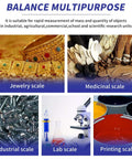 Multipurpose balance scale uses: jewelry, medicinal, industrial, lab, printing scales with diverse objects and equipment images.