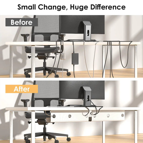 Under Desk Cable Management Tray 31.5 Inch Cord Organizer For Wire Management No Drill Drill Compatible Mounts Home Office Computer Desk Cable Hider White 2 Pack before and after installation comparison