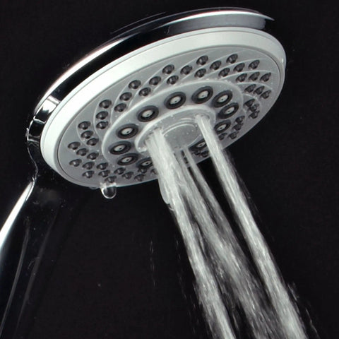 Instant Mount Drill Free Shower Combo With Height And Angle Adjustable 3 Way SpiralFlo Head And Handheld Shower Slide Bar Included 36 Spray Patterns Dual Shower Heads For Easy Spa Upgrade close-up of water flow from handheld shower head