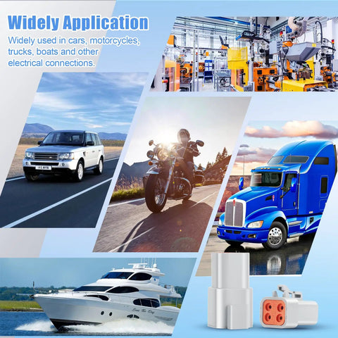 DTP 2 Pin Waterproof Automotive Connectors Kit, 6 Sets With Size 12 Solid Contacts, multiple vehicle applications shown