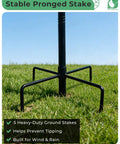 Bottom view of Metal Bird Bath For Outdoors 36 Inch Tall Stake With Removable 13 Inch Diameter Bowl And 3 Inch Deep Basin 1.4 Gallon Capacity Stable Stand Easy To Clean Weatherproof Garden Yard Lawn Decor To Attract Birds, showing black stable pronged stake on grass.
