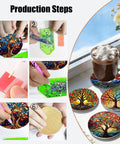 Production steps and completed Diamond Art Coasters 8 Pack With Holder For Adults DIY Diamond Painting Coaster Kit 4X4 Inches Trees Design