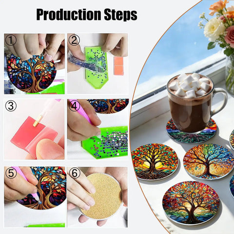 Production steps and completed Diamond Art Coasters 8 Pack With Holder For Adults DIY Diamond Painting Coaster Kit 4X4 Inches Trees Design