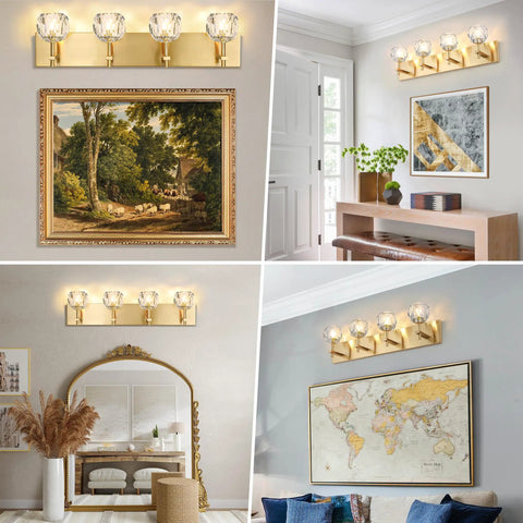 4 Light Crystal Bathroom Vanity Light Fixture Over Mirror With Gold Chrome Finish And Round Shade Wall Sconce Modern Bath Lighting That Delivers Bright Lit Look And Easy Clean Crystal Shades