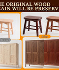 Top Shelf Water Based Wood Stain In Deep Walnut Tone To Refresh Scuffed Furniture And Cabinetry With Nontoxic Low Odor Formula That Protects Every Grain Line For A Dope Matte Look That Truly Delivers before and after of a stool and cabinet with deep walnut stain.