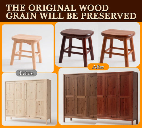 Top Shelf Water Based Wood Stain In Deep Walnut Tone To Refresh Scuffed Furniture And Cabinetry With Nontoxic Low Odor Formula That Protects Every Grain Line For A Dope Matte Look That Truly Delivers before and after of a stool and cabinet with deep walnut stain.
