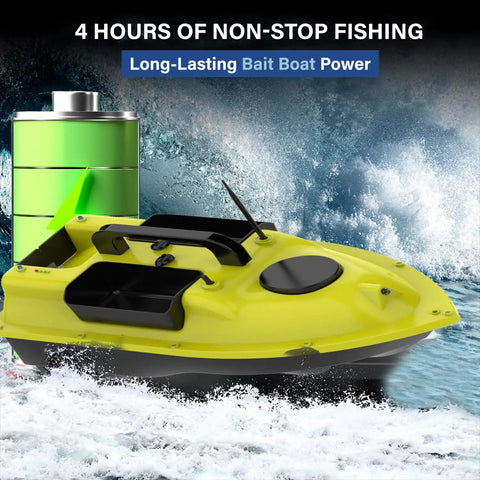Yellow GPS Guided RC Bait Boat With Auto Return Remote Control on water with battery icon, showcasing bait hoppers and sleek design