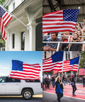 Heavy Duty 5Ft Outdoor Flagpole Kit with Anti Tangle 360 Degree Rings displayed on porch, car, in stadium, and parade setting.