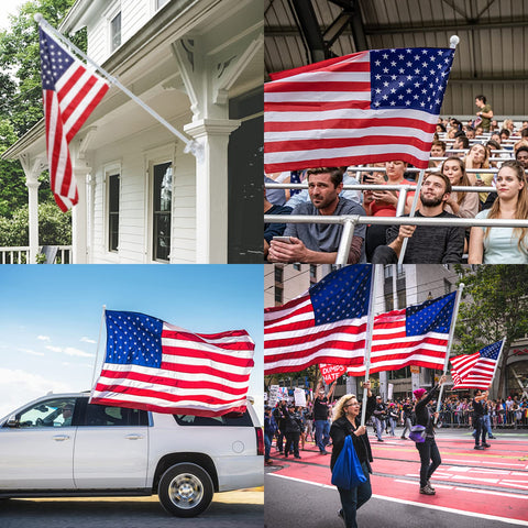 Heavy Duty 5Ft Outdoor Flagpole Kit with Anti Tangle 360 Degree Rings displayed on porch, car, in stadium, and parade setting.