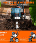 Beast 46cc 4 Cycle Gas Powered Tiller Cultivator with Full Crank Engine shown tilling soil with adjustable wheels