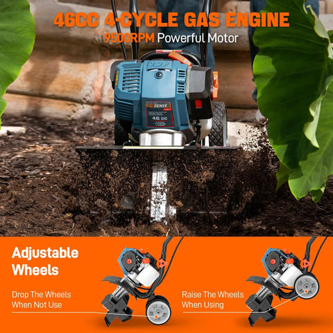 Beast 46cc 4 Cycle Gas Powered Tiller Cultivator with Full Crank Engine shown tilling soil with adjustable wheels