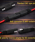SAE To SAE Extension Cable 12 Foot 16 AWG With 2 Pin Quick Connect Polarity Reversal Adapter, anti-corrosion features shown.