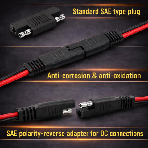 SAE To SAE Extension Cable 12 Foot 16 AWG With 2 Pin Quick Connect Polarity Reversal Adapter, anti-corrosion features shown.