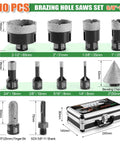 Front view of an 11-piece diamond hole saw kit with assorted core bits, 50mm chamfer bit, 20mm finger bit, SDS adapter and case.