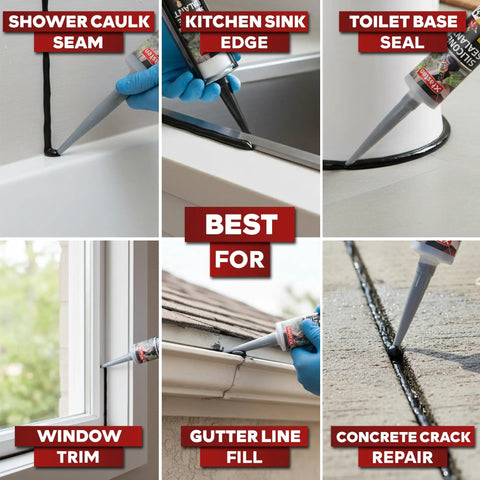 Black Silicone Sealant Caulk For Indoor And Outdoor Use, 10.1 Oz Cartridge, 4 Pack applied on various surfaces for sealing