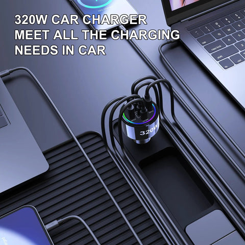Heavy Hitter 320W USB Type C Car Charger Six Port PD Fast Charge Adapter Built Different for laptops and phones on a car setup.