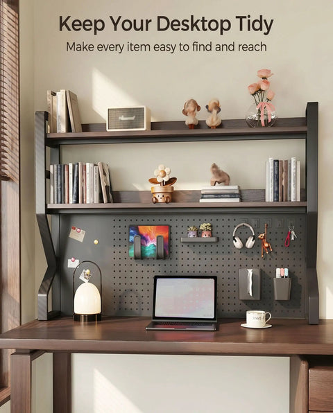2-Tier Open Desk Organizer With DIY Pegboard, Space Saving Desktop Storage Rack for books, decor, and stationery
