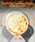 7 Inch Pizza Turning Peel With Extra Long Handle, Perforated Aluminum Pizza Peel rotating a pizza in an oven, top view