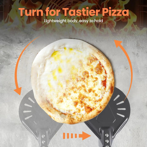 7 Inch Pizza Turning Peel With Extra Long Handle, Perforated Aluminum Pizza Peel rotating a pizza in an oven, top view