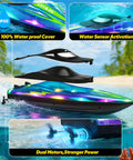 Dual Prop RC Boat With LED Lights 14 Inch Remote Control Water Racer 2 4Ghz Fast Boat showing waterproof cover and dual motors