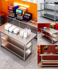 Rock Solid Workbench With Adjustable Shelves And Three Tier Open Storage Packing Station Commercial Metal Prep Table with food items on top.