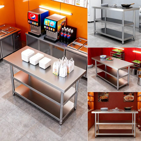 Rock Solid Workbench With Adjustable Shelves And Three Tier Open Storage Packing Station Commercial Metal Prep Table with food items on top.