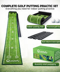 Indoor Putting Green With Auto Ball Return Wrinkle Free Golf Mat Non Slip Surface in retail packaging with golf balls.