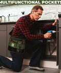 Man using a drill wearing the Essential Garden Tool Belt For Women Apron With Pockets Canvas Utility Belt For DIYers Teachers And On The Go Gardeners Durable Waist Apron With Easy Tool Access