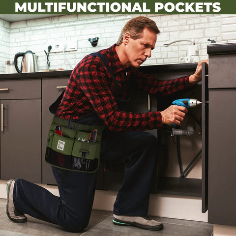 Man using a drill wearing the Essential Garden Tool Belt For Women Apron With Pockets Canvas Utility Belt For DIYers Teachers And On The Go Gardeners Durable Waist Apron With Easy Tool Access