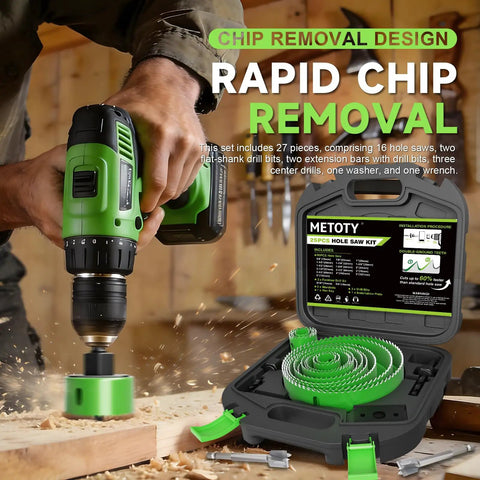 All In One 27 Piece Hole Saw Set Kit With High Carbon Steel Blades Range From Three Quarters Inch To Six Inches In Use