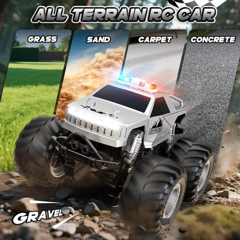 All Terrain Remote Control Truck Beast With 360 Degree Spins And Lights Rechargeable RC Car on gravel surface