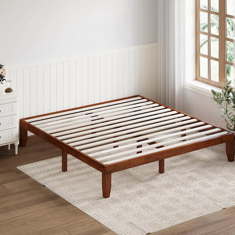 Rock Solid King Platform Bed Frame 14 Inch Profile Genuine Rubber Wood Heavy Duty Slat Support Premium Mattress Foundation Dark Walnut with slats.