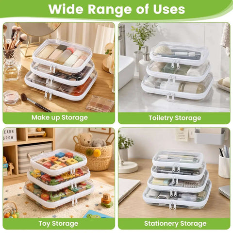 No Fuss Travel Ready Clear Zipper Pouches, Top Shelf Hard Shell Organizer Cases in multiple sizes for makeup, toiletries, toys, and stationery.