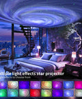 Galaxy Projector 5 In 1 Nebula Aurora Light projecting starry night sky in modern bedroom with city view.
