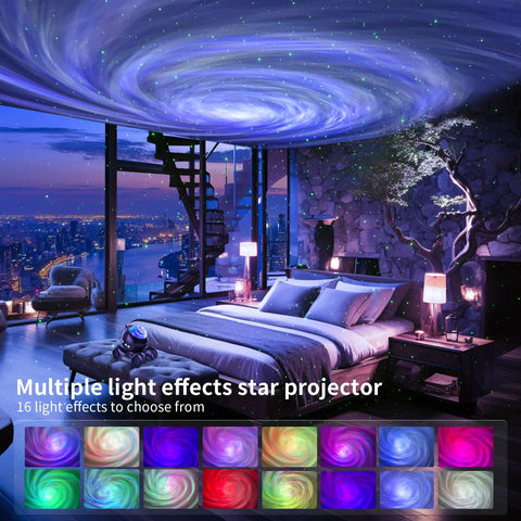 Galaxy Projector 5 In 1 Nebula Aurora Light projecting starry night sky in modern bedroom with city view.