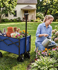 Collapsible Wagon With All Terrain Wheels 220 Lbs Capacity Heavy Duty Portable Cart for gardening in use, blue utility wagon.