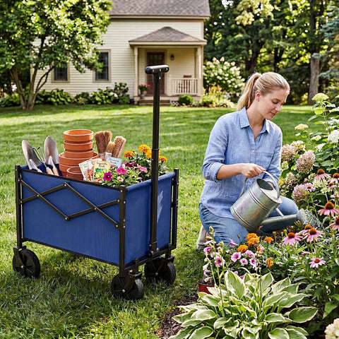 Collapsible Wagon With All Terrain Wheels 220 Lbs Capacity Heavy Duty Portable Cart for gardening in use, blue utility wagon.