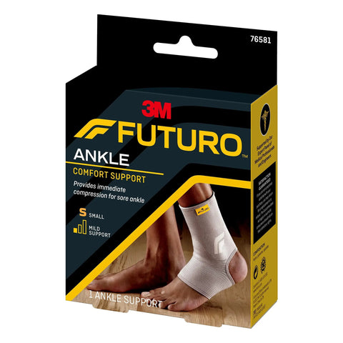 Ankle Comfort Support Sleeve With Mild Compression in beige packaging showing product worn on foot, small size.