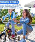 Woman helping child ride a bike using Comfy Kids Bike Seat Replacement for 12 14 16 18 Inch Bikes, with back handle support