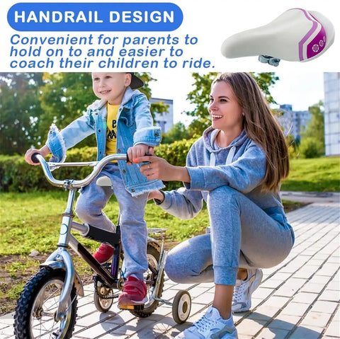 Woman helping child ride a bike using Comfy Kids Bike Seat Replacement for 12 14 16 18 Inch Bikes, with back handle support
