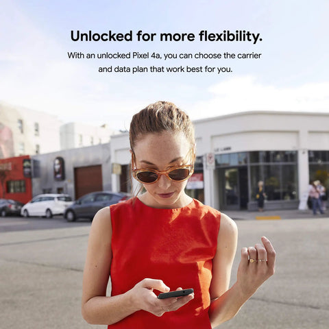 Unlocked Android Smartphone Pixel 4a Boasting A Sleek Just Black Finish And Ridiculous Battery Life Paired With A Dope 12 Megapixel Camera For Crisp Photos And Lightning Fast Speeds Perfect For Everyday Use And Travel Adventures held by a woman in sunglasses.