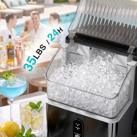 Countertop Nugget Ice Maker Cranks Out 35 Pounds Of Snap Bubble Ice Daily Compact Kitchen Workhorse with clear ice in a glass bin.