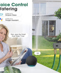 Woman using Smart Hose Timer With WiFi Hub For Automatic Lawn And Garden Irrigation, Alexa Compatible, controlling irrigation