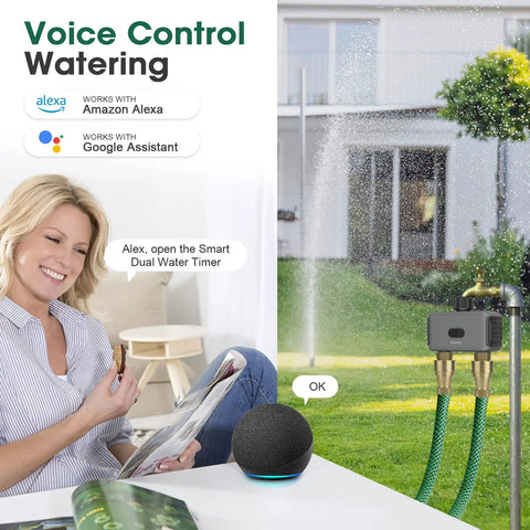Woman using Smart Hose Timer With WiFi Hub For Automatic Lawn And Garden Irrigation, Alexa Compatible, controlling irrigation