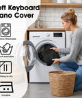 Woman placing 61 Key Piano Keyboard Dust Cover with Adjustable Drawstring in washing machine, features visible