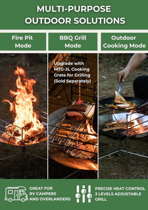 22 Inch Portable Fire Pit For Camping And RV Trips, Ultralight Foldable Round Grill Stand With Carry Bag, Multi Purpose Campfire Cooker For Warmth, BBQ Grilling And Outdoor Meals, Solo A3 showing fire pit and grilling modes